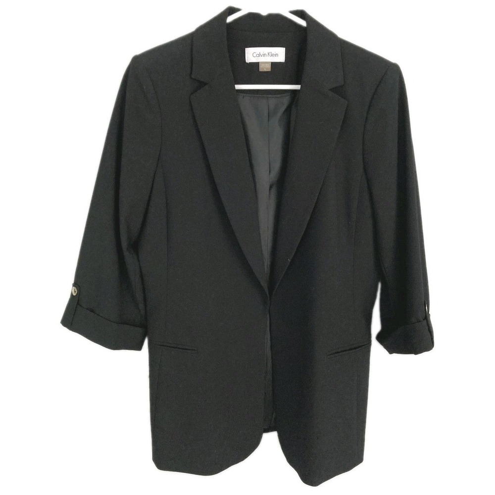 Calvin Klein Blazer Women 12 Black Open Front 3/4 Sleeve Lined Stretch Jacket
